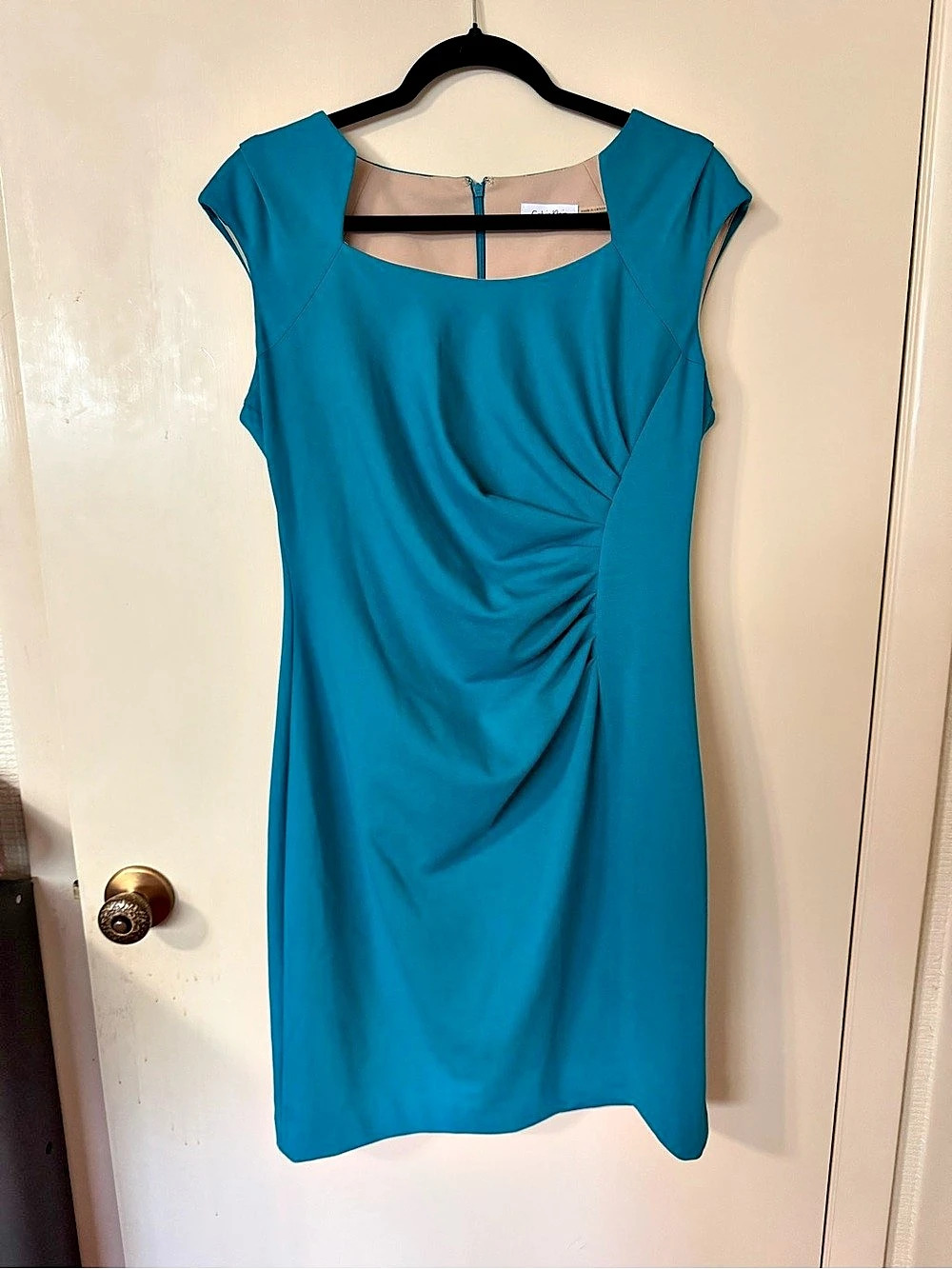 Calvin Klein Square Neck Cap Sleeve Ruched Sheath Dress Ruched Sheath Mini Dress